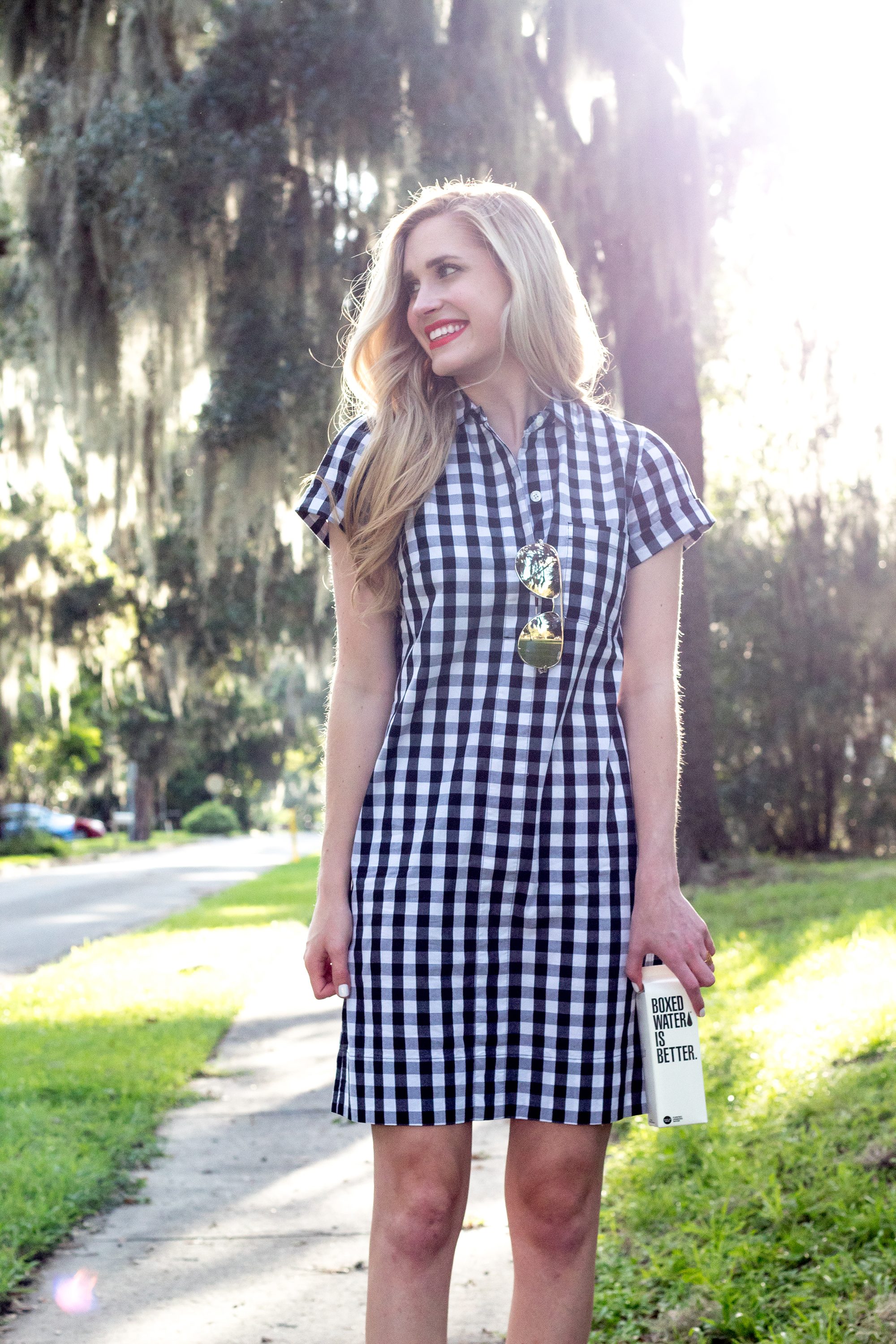 black and white gingham shirt dress